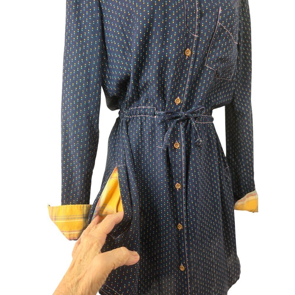 Jachs Girlfriend Mini Navy Shirt Dress Sz 6 Drawstring Waist Btn Tab Long Slv